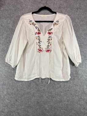 Tam Cam Blouse - Womens M - Linen Vintage Embroidered Cottagecore Floral Ties